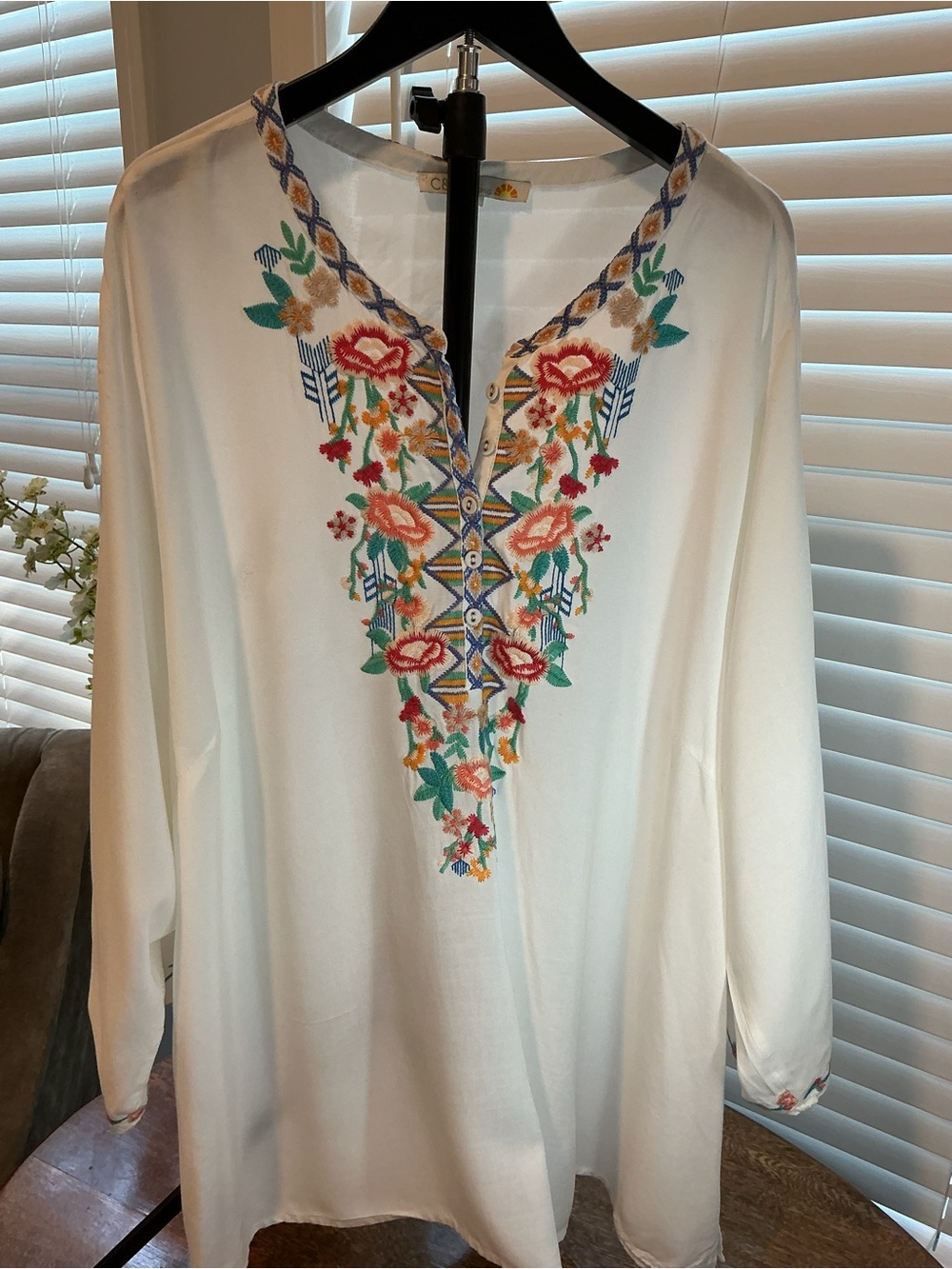 C&C California White Tunic with Multicolor Floral Embroidery